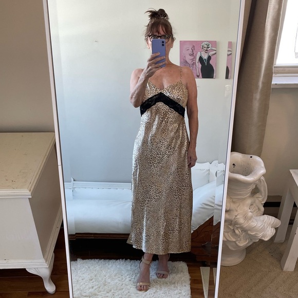 august silk Other - TAN CREAM LEOPARD PRINT SLIP DRESS STRAPS NEGLIGEE BLACK LACE AUGUST SILK